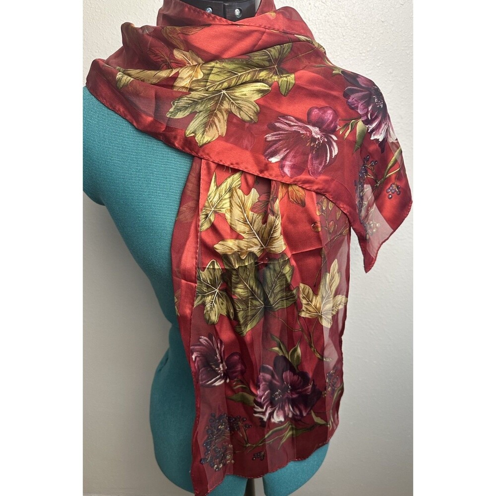 Echo Floral Rectangular Scarf Red Sheer Botanical Lightweight Wrap Vintage